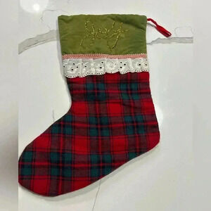Vintage 1985 Joy Plaid Christmas Stocking Cuff Velvet Green Red New Made Taiwan